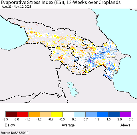 Azerbaijan, Armenia and Georgia Evaporative Stress Index (ESI), 12-Weeks over Croplands Thematic Map For 11/6/2023 - 11/12/2023