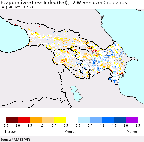 Azerbaijan, Armenia and Georgia Evaporative Stress Index (ESI), 12-Weeks over Croplands Thematic Map For 11/13/2023 - 11/19/2023