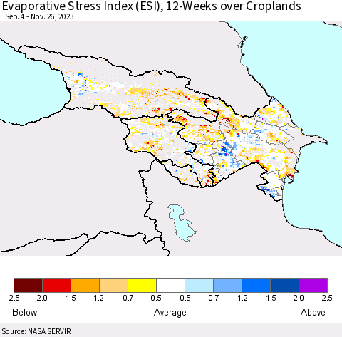 Azerbaijan, Armenia and Georgia Evaporative Stress Index (ESI), 12-Weeks over Croplands Thematic Map For 11/20/2023 - 11/26/2023