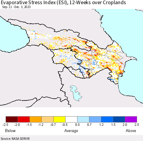 Azerbaijan, Armenia and Georgia Evaporative Stress Index (ESI), 12-Weeks over Croplands Thematic Map For 11/27/2023 - 12/3/2023
