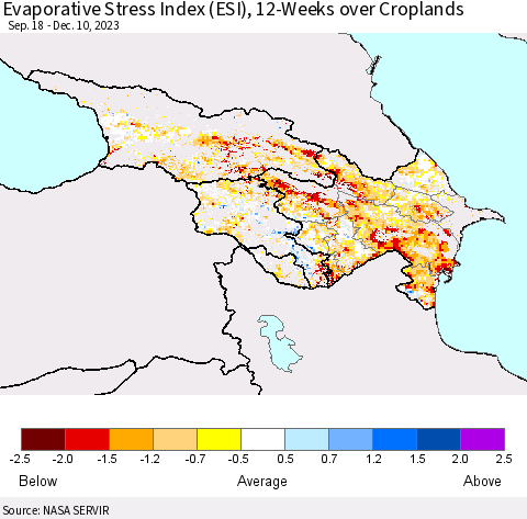 Azerbaijan, Armenia and Georgia Evaporative Stress Index (ESI), 12-Weeks over Croplands Thematic Map For 12/4/2023 - 12/10/2023