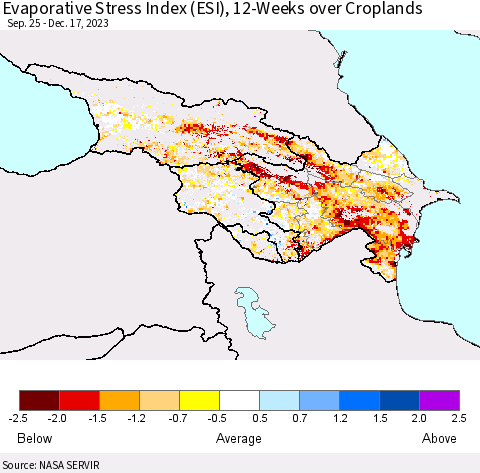 Azerbaijan, Armenia and Georgia Evaporative Stress Index (ESI), 12-Weeks over Croplands Thematic Map For 12/11/2023 - 12/17/2023