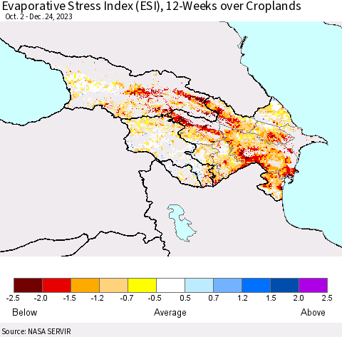 Azerbaijan, Armenia and Georgia Evaporative Stress Index (ESI), 12-Weeks over Croplands Thematic Map For 12/18/2023 - 12/24/2023