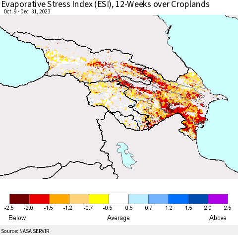 Azerbaijan, Armenia and Georgia Evaporative Stress Index (ESI), 12-Weeks over Croplands Thematic Map For 12/25/2023 - 12/31/2023