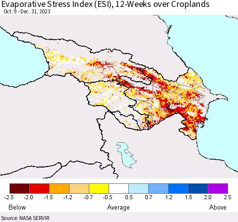 Azerbaijan, Armenia and Georgia Evaporative Stress Index (ESI), 12-Weeks over Croplands Thematic Map For 1/1/2024 - 1/7/2024