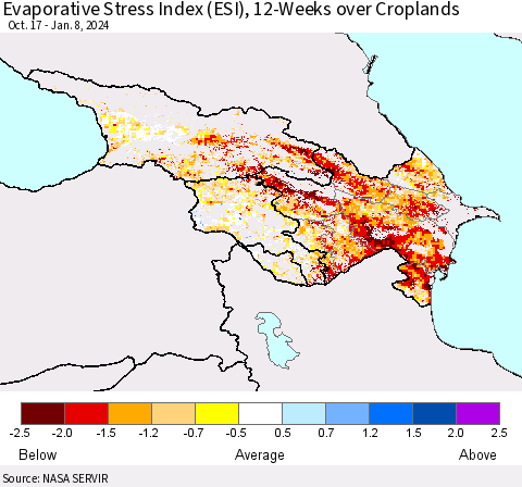 Azerbaijan, Armenia and Georgia Evaporative Stress Index (ESI), 12-Weeks over Croplands Thematic Map For 1/8/2024 - 1/14/2024