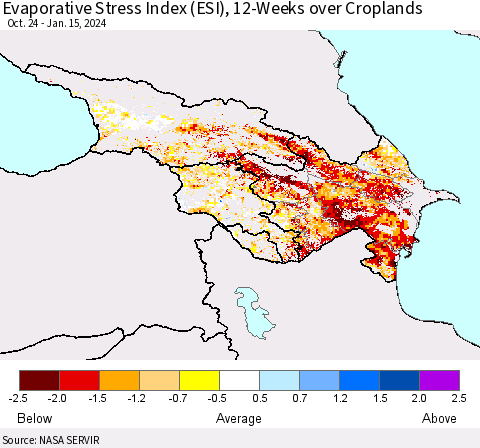 Azerbaijan, Armenia and Georgia Evaporative Stress Index (ESI), 12-Weeks over Croplands Thematic Map For 1/15/2024 - 1/21/2024
