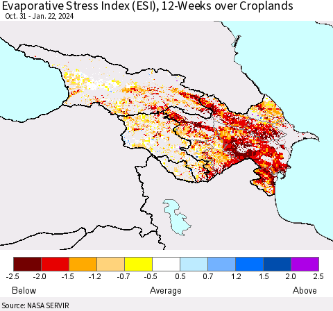 Azerbaijan, Armenia and Georgia Evaporative Stress Index (ESI), 12-Weeks over Croplands Thematic Map For 1/22/2024 - 1/28/2024