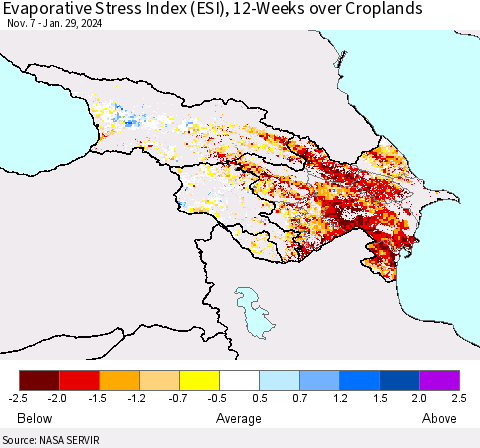 Azerbaijan, Armenia and Georgia Evaporative Stress Index (ESI), 12-Weeks over Croplands Thematic Map For 1/29/2024 - 2/4/2024