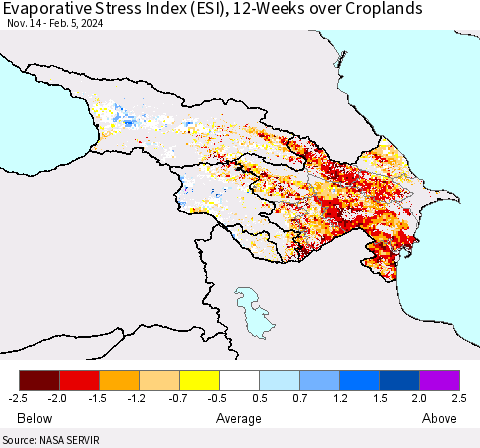 Azerbaijan, Armenia and Georgia Evaporative Stress Index (ESI), 12-Weeks over Croplands Thematic Map For 2/5/2024 - 2/11/2024