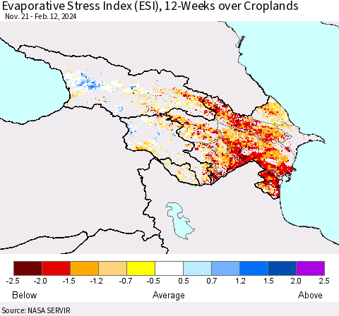 Azerbaijan, Armenia and Georgia Evaporative Stress Index (ESI), 12-Weeks over Croplands Thematic Map For 2/12/2024 - 2/18/2024
