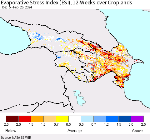 Azerbaijan, Armenia and Georgia Evaporative Stress Index (ESI), 12-Weeks over Croplands Thematic Map For 2/26/2024 - 3/3/2024