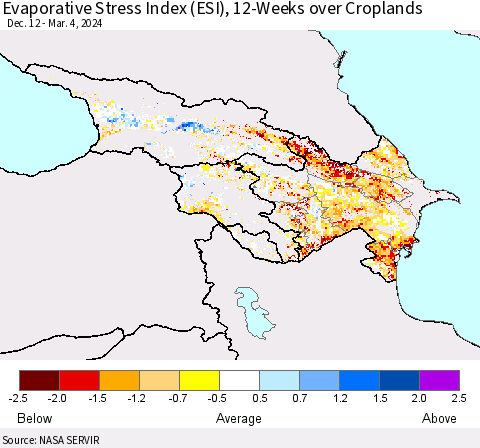 Azerbaijan, Armenia and Georgia Evaporative Stress Index (ESI), 12-Weeks over Croplands Thematic Map For 3/4/2024 - 3/10/2024