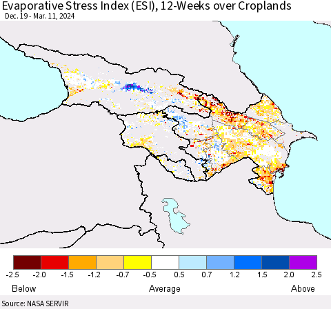 Azerbaijan, Armenia and Georgia Evaporative Stress Index (ESI), 12-Weeks over Croplands Thematic Map For 3/11/2024 - 3/17/2024