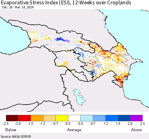 Azerbaijan, Armenia and Georgia Evaporative Stress Index (ESI), 12-Weeks over Croplands Thematic Map For 3/18/2024 - 3/24/2024