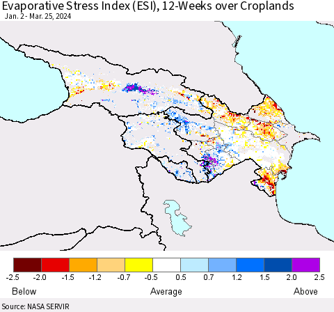 Azerbaijan, Armenia and Georgia Evaporative Stress Index (ESI), 12-Weeks over Croplands Thematic Map For 3/25/2024 - 3/31/2024