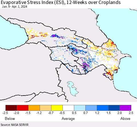 Azerbaijan, Armenia and Georgia Evaporative Stress Index (ESI), 12-Weeks over Croplands Thematic Map For 4/1/2024 - 4/7/2024