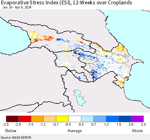 Azerbaijan, Armenia and Georgia Evaporative Stress Index (ESI), 12-Weeks over Croplands Thematic Map For 4/8/2024 - 4/14/2024