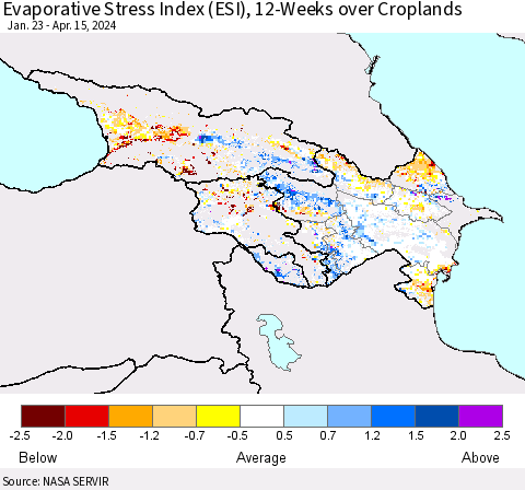 Azerbaijan, Armenia and Georgia Evaporative Stress Index (ESI), 12-Weeks over Croplands Thematic Map For 4/15/2024 - 4/21/2024