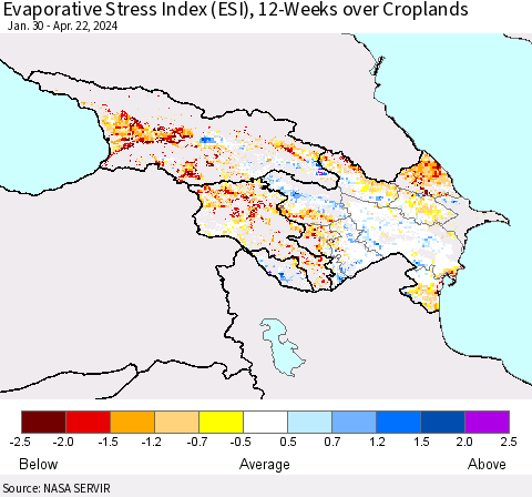 Azerbaijan, Armenia and Georgia Evaporative Stress Index (ESI), 12-Weeks over Croplands Thematic Map For 4/22/2024 - 4/28/2024