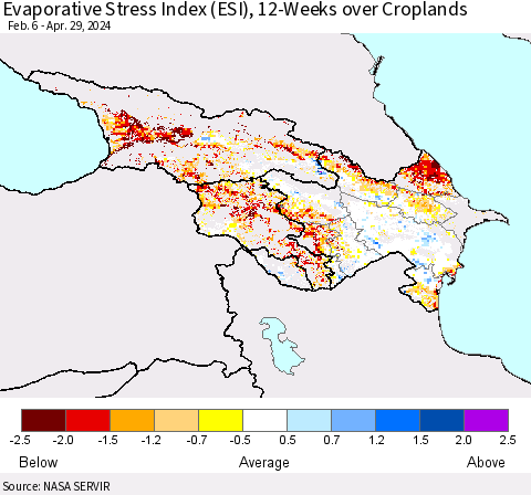 Azerbaijan, Armenia and Georgia Evaporative Stress Index (ESI), 12-Weeks over Croplands Thematic Map For 4/29/2024 - 5/5/2024