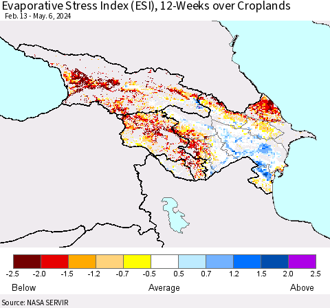 Azerbaijan, Armenia and Georgia Evaporative Stress Index (ESI), 12-Weeks over Croplands Thematic Map For 5/6/2024 - 5/12/2024