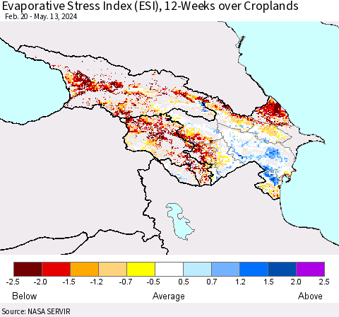 Azerbaijan, Armenia and Georgia Evaporative Stress Index (ESI), 12-Weeks over Croplands Thematic Map For 5/13/2024 - 5/19/2024