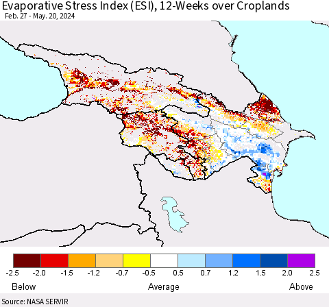 Azerbaijan, Armenia and Georgia Evaporative Stress Index (ESI), 12-Weeks over Croplands Thematic Map For 5/20/2024 - 5/26/2024