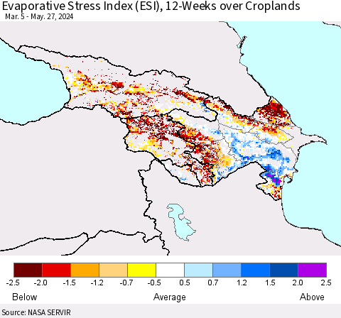 Azerbaijan, Armenia and Georgia Evaporative Stress Index (ESI), 12-Weeks over Croplands Thematic Map For 5/27/2024 - 6/2/2024