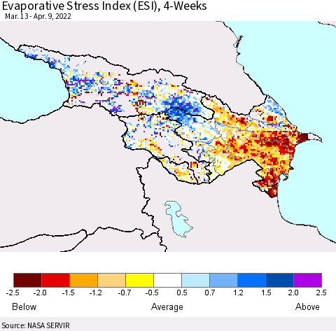 Azerbaijan, Armenia and Georgia Evaporative Stress Index (ESI), 4-Weeks Thematic Map For 4/4/2022 - 4/10/2022