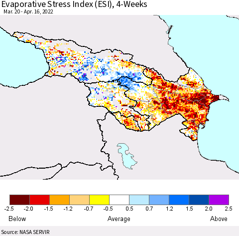 Azerbaijan, Armenia and Georgia Evaporative Stress Index (ESI), 4-Weeks Thematic Map For 4/11/2022 - 4/17/2022