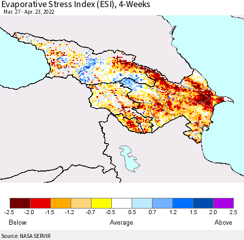 Azerbaijan, Armenia and Georgia Evaporative Stress Index (ESI), 4-Weeks Thematic Map For 4/18/2022 - 4/24/2022