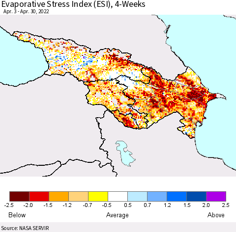Azerbaijan, Armenia and Georgia Evaporative Stress Index (ESI), 4-Weeks Thematic Map For 4/25/2022 - 5/1/2022