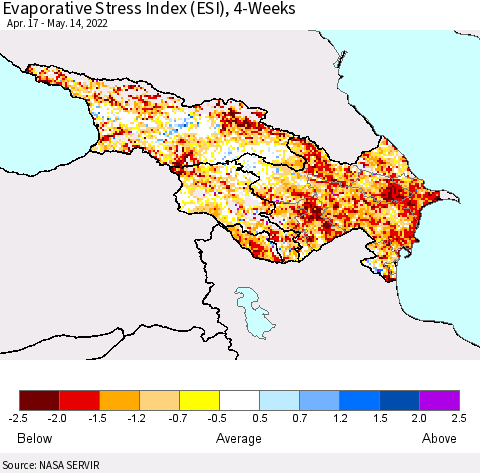 Azerbaijan, Armenia and Georgia Evaporative Stress Index (ESI), 4-Weeks Thematic Map For 5/9/2022 - 5/15/2022