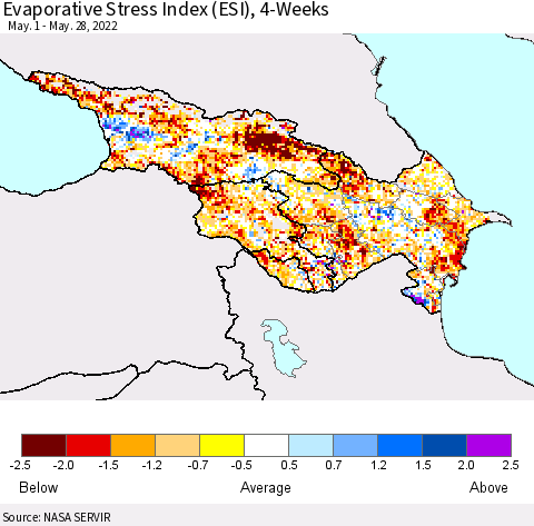Azerbaijan, Armenia and Georgia Evaporative Stress Index (ESI), 4-Weeks Thematic Map For 5/23/2022 - 5/29/2022