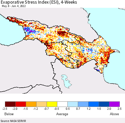 Azerbaijan, Armenia and Georgia Evaporative Stress Index (ESI), 4-Weeks Thematic Map For 5/30/2022 - 6/5/2022