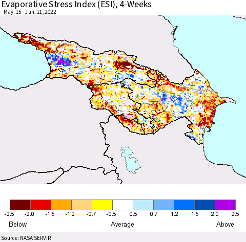 Azerbaijan, Armenia and Georgia Evaporative Stress Index (ESI), 4-Weeks Thematic Map For 6/6/2022 - 6/12/2022