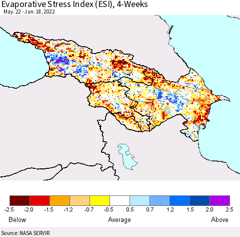 Azerbaijan, Armenia and Georgia Evaporative Stress Index (ESI), 4-Weeks Thematic Map For 6/13/2022 - 6/19/2022