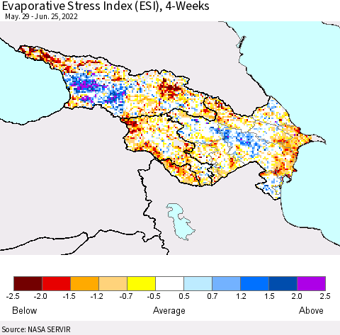 Azerbaijan, Armenia and Georgia Evaporative Stress Index (ESI), 4-Weeks Thematic Map For 6/20/2022 - 6/26/2022