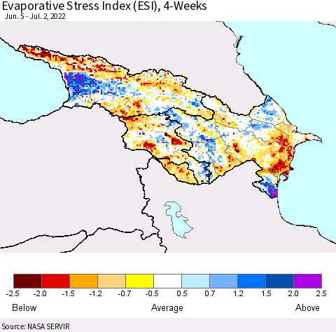 Azerbaijan, Armenia and Georgia Evaporative Stress Index (ESI), 4-Weeks Thematic Map For 6/27/2022 - 7/3/2022