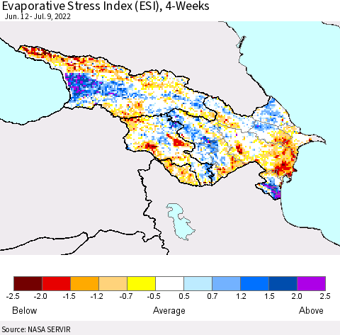 Azerbaijan, Armenia and Georgia Evaporative Stress Index (ESI), 4-Weeks Thematic Map For 7/4/2022 - 7/10/2022