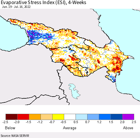 Azerbaijan, Armenia and Georgia Evaporative Stress Index (ESI), 4-Weeks Thematic Map For 7/11/2022 - 7/17/2022