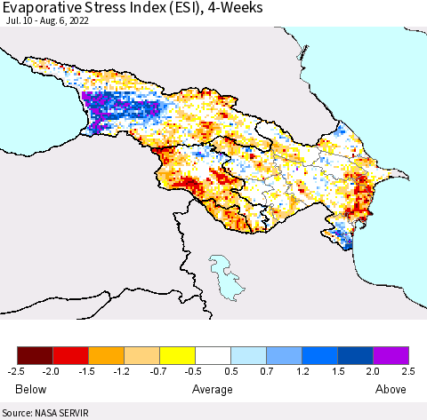 Azerbaijan, Armenia and Georgia Evaporative Stress Index (ESI), 4-Weeks Thematic Map For 8/1/2022 - 8/7/2022