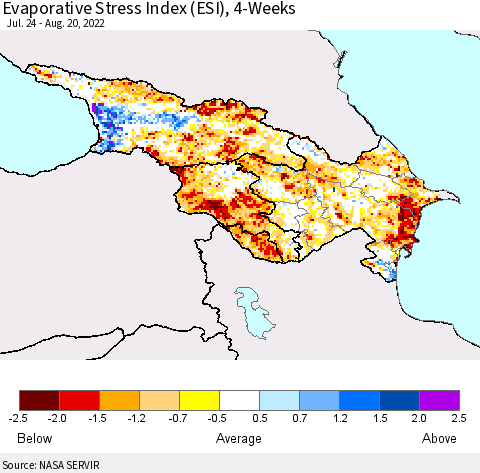 Azerbaijan, Armenia and Georgia Evaporative Stress Index (ESI), 4-Weeks Thematic Map For 8/15/2022 - 8/21/2022