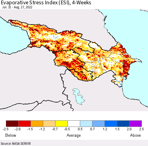 Azerbaijan, Armenia and Georgia Evaporative Stress Index (ESI), 4-Weeks Thematic Map For 8/22/2022 - 8/28/2022