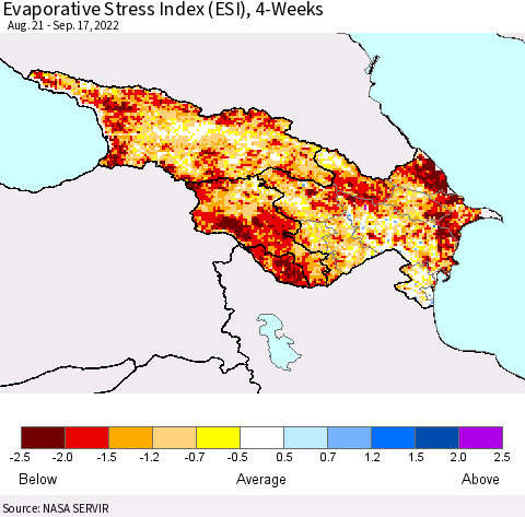 Azerbaijan, Armenia and Georgia Evaporative Stress Index (ESI), 4-Weeks Thematic Map For 9/12/2022 - 9/18/2022