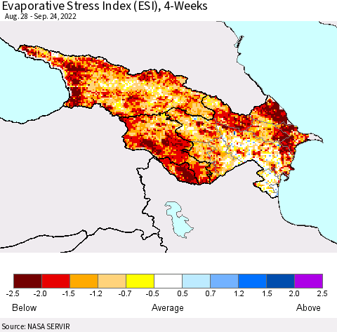 Azerbaijan, Armenia and Georgia Evaporative Stress Index (ESI), 4-Weeks Thematic Map For 9/19/2022 - 9/25/2022