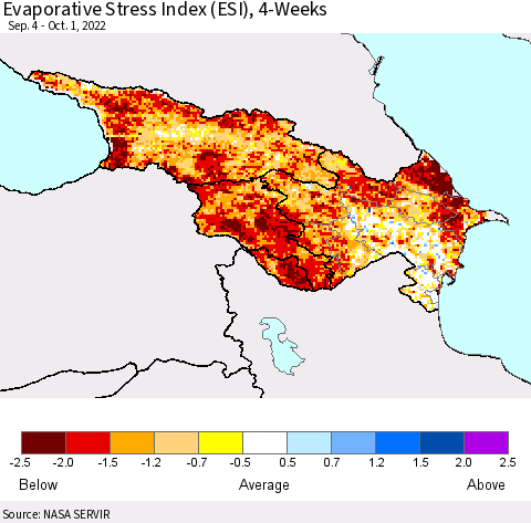 Azerbaijan, Armenia and Georgia Evaporative Stress Index (ESI), 4-Weeks Thematic Map For 9/26/2022 - 10/2/2022