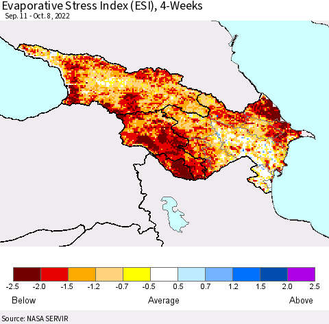 Azerbaijan, Armenia and Georgia Evaporative Stress Index (ESI), 4-Weeks Thematic Map For 10/3/2022 - 10/9/2022