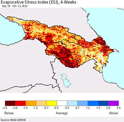 Azerbaijan, Armenia and Georgia Evaporative Stress Index (ESI), 4-Weeks Thematic Map For 10/10/2022 - 10/16/2022